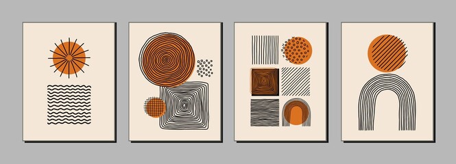 Modern art posters, covers with various hand drawn textures, abstarct shapes, dots, lines, rainbows, design elements, objects. Contemporary minimalist print. © olechkaart