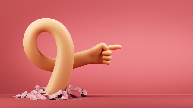 3d render, funny cartoon character flexible hand is braking through the hole in the floor, shows right direction, pointing finger. Clip art isolated on red background. Best choice concept