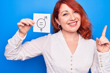 Young redhead woman asking for sex discrimination holding paper with gender equality message smiling happy pointing with hand and finger to the side