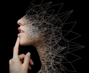 A young woman against black background profile portrait combined with abstract linear digital illustration