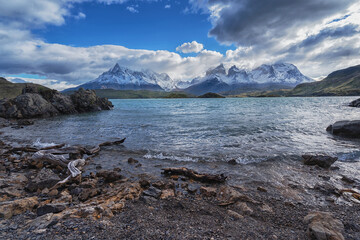 Landscape with lake Lago del Pehoe in the Torres del Paine national park, Patagonia, Chile
