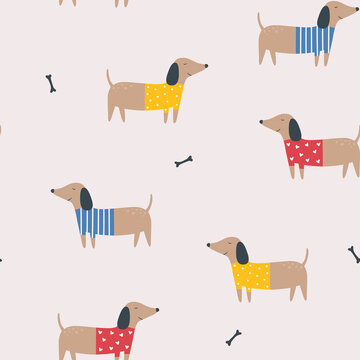 Fototapeta Seamless pattern with dachshunds. Cartoon vector background with dos. For the design of textiles, fabric, wallpaper, wrapping paper.