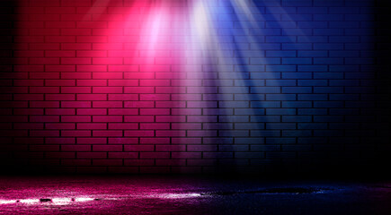 Dark empty brick wall, blue and red neon lights. Night city street, narrow corridor, night lights.
