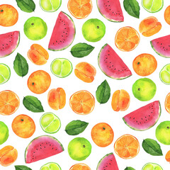 Seamless pattern with summer fruit, watermelon and citrus and green leaves on white background. Hand drawn watercolor illustration.