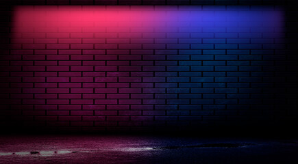 Dark empty brick wall, blue and red neon lights. Night city street, narrow corridor, night lights.