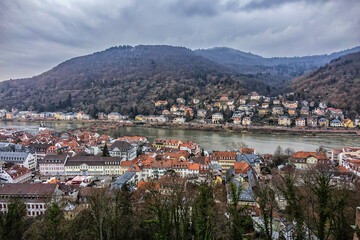 Aerial view of Heidelberg from medieval Heidelberg Castle (Heidelberger Schloss). Heidelberg, Baden-Wurttemberg, Germany.