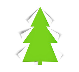 Christmas tree cut out of green and white paper, realistic icon isolated on white background. Design for holiday cards. Modern abstract decor art on xmas. Glossy element, vector illustration.