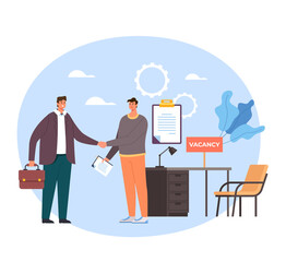 Boss and employee worker characters shaking hands. Head hunting recruitment concept. Vector flat graphic simple illustration