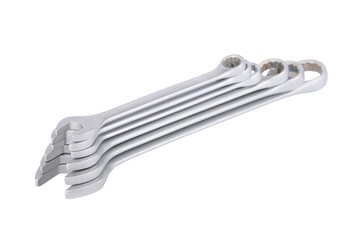Set of chrome wrenches isolated on white background, close-up, shallow depth of field
