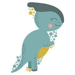 Cute cartoon joyful parasaurolophus standing on its hind legs in profile. Herbivorous dinosaur on a white background. Cheerful prehistoric animal. Vector.