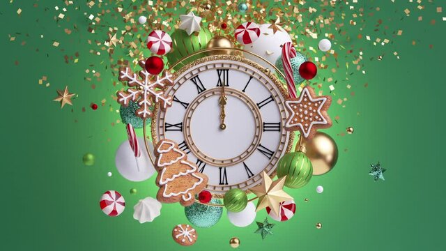 3d render, Happy New Year celebration, midnight salute of sparkling confetti. Gingerbread cookies, candies and glass balls in slow motion. Ornaments floating around vintage clock over green background