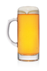 Full misted mug of yellow beer isolated on white.