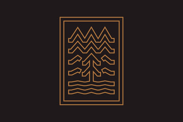 Geometric badge with mountains, river and tree