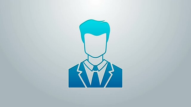Blue line User of man in business suit icon isolated on grey background. Business avatar symbol - user profile icon. Male user sign. 4K Video motion graphic animation