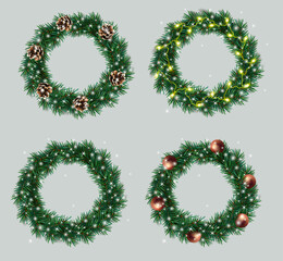 Set a Christmas wreaths made of pine branches decorated light garland, pine cones, toys, shiny sparkles. Green Christmas wreaths for your design. Vector illustration.