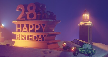 Happy birthday 3d rendered illustration. Happy 28th birthday 4k 3d illustration. Soft yellow light, snowy roof, car on the roof.Christmas background.