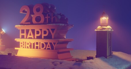 Happy birthday 3d rendered illustration. Happy 28th birthday 4k 3d illustration. Soft yellow light, snowy roof. Christmas background.