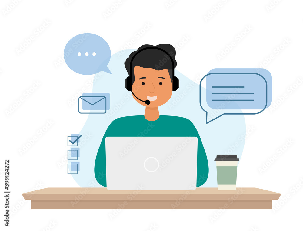 Poster call center, hotline worker. smiling helpline operator with headset. online global technical support