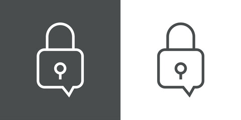 Conversación segura. Logotipo candado como burbuja de habla con lineas en fondo gris y fondo blanco	