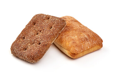 Wheat flour and rye bread, isolated on white background