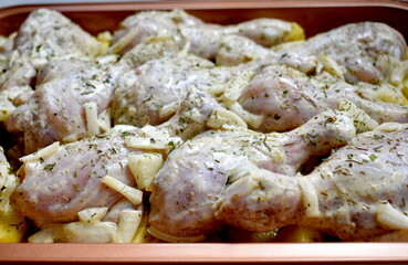 Marinated chicken meat in a baking dish
