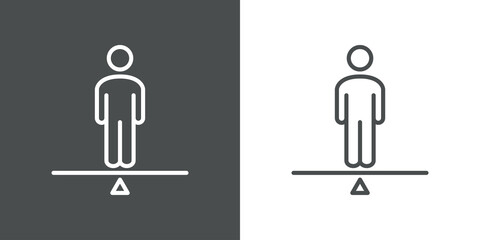 Logotipo hombre en equilibrio en balanza con lineas en fondo gris y fondo blanco