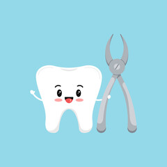Cute tooth with dental nipper tool icon isolated on blue background. White teeth character with stomatology plier instruments in hand vector flat design cartoon style dentistry illustration.