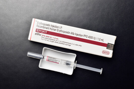 Delhi, india, December 10, 2019: erythropoietin injection with the box on dark background