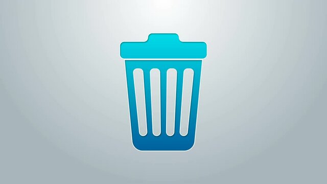 Blue line Trash can icon isolated on grey background. Garbage bin sign. 4K Video motion graphic animation
