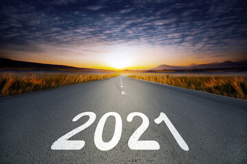 asphalt road with 2021 with blue abstract sky