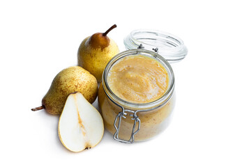 Homemade pear puree in glass jar with fresh ripe pears isolated on white