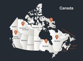 Canada map, Infographics flat design colors snow white, with names of individual regions vector