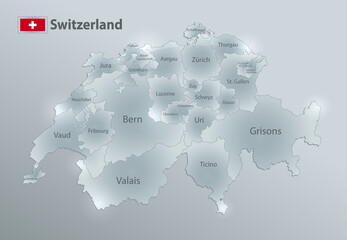Switzerland map and flag, administrative division, separates regions and names individual region, design glass card 3D vector