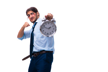 Unhappy young male employee in time management concept