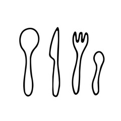 Doodle vector cutlery set. Outline spoon, fork, knife isolated on white background. Cozy kitchen utensils, cute kitchenware, dishes for dinner, lunch. Hand-drawn table setting, cafe, restauran sign