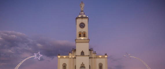 Our Lady of Lourdes Cathedral at dusk with Christmas decoration - Catholic Church at Praça Rui Barbosa - Religious monument in the city of Apucarana in the state of Paraná, Brazil