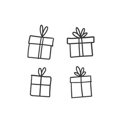 Hand drawn gifts collection. Present box with ribbons. Doodle illustrations. Christmas gift symbols.