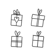 Hand drawn gifts collection. Present box with ribbons. Doodle illustrations. Christmas gift symbols.
