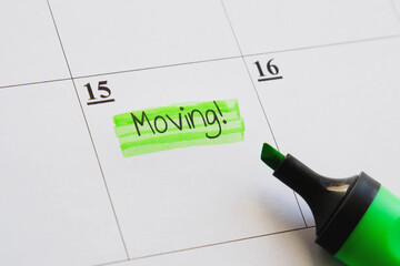 planner calendar monday with highlighted inscription moving