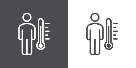 Control de temperatura. Icono hombre con termómetro con lineas en fondo gris y fondo blanco © teracreonte