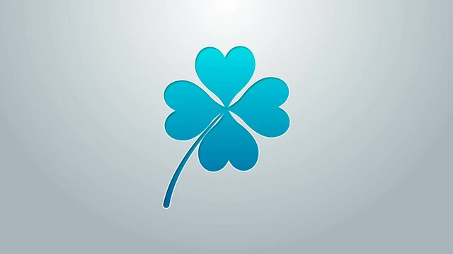 Blue line Four leaf clover icon isolated on grey background. Happy Saint Patrick day. 4K Video motion graphic animation
