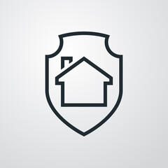 Obraz premium Símbolo seguro del hogar. Logotipo escudo con casa con lineas en fondo gris