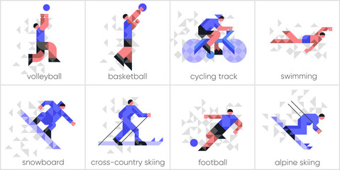 Vector illustration. Set of icons, sports and activities. Abstract, background patterns, triangular mosaics, stylized polygonal images, geometric backgrounds, large width. © Molibdenis-Studio