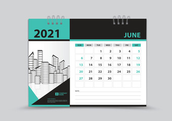 Calendar 2021 template design, June Page vector, Week starts on Sunday, Monthly planner for 2021 year, wall calendar, business organizer planner, Green abstract background