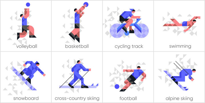 Vector illustration. Set of icons, sports and activities. Abstract, background patterns, triangular mosaics, stylized polygonal images, geometric backgrounds, large width.