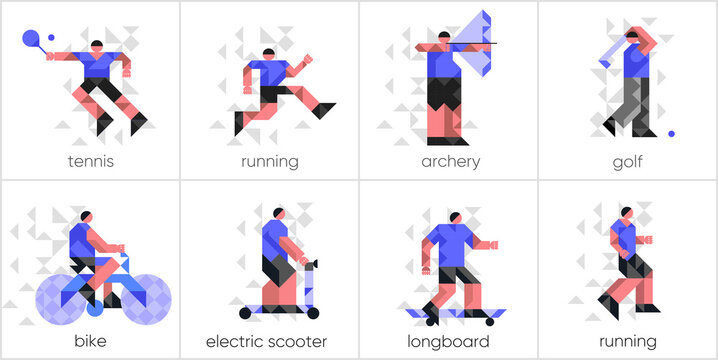 Set of icons, sports and activities. Vector illustration. Abstract, background patterns, triangular mosaics, stylized polygonal images, geometric backgrounds, large width.
