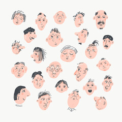 Set of different faces and characters. Collection of emotions. Vector