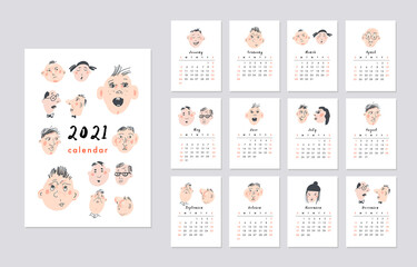 Calendar 2021. Cute printable creative template with funny faces. Vector