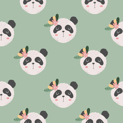 Seamless pattern with cute adorable Hand drawn Panda and flowers. Kids, baby vector illustration. Creative wild animal childish pattern for fabrics, textile, wrapping, background. 
