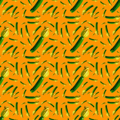 Seamless pattern of young zucchini with a yellow flower